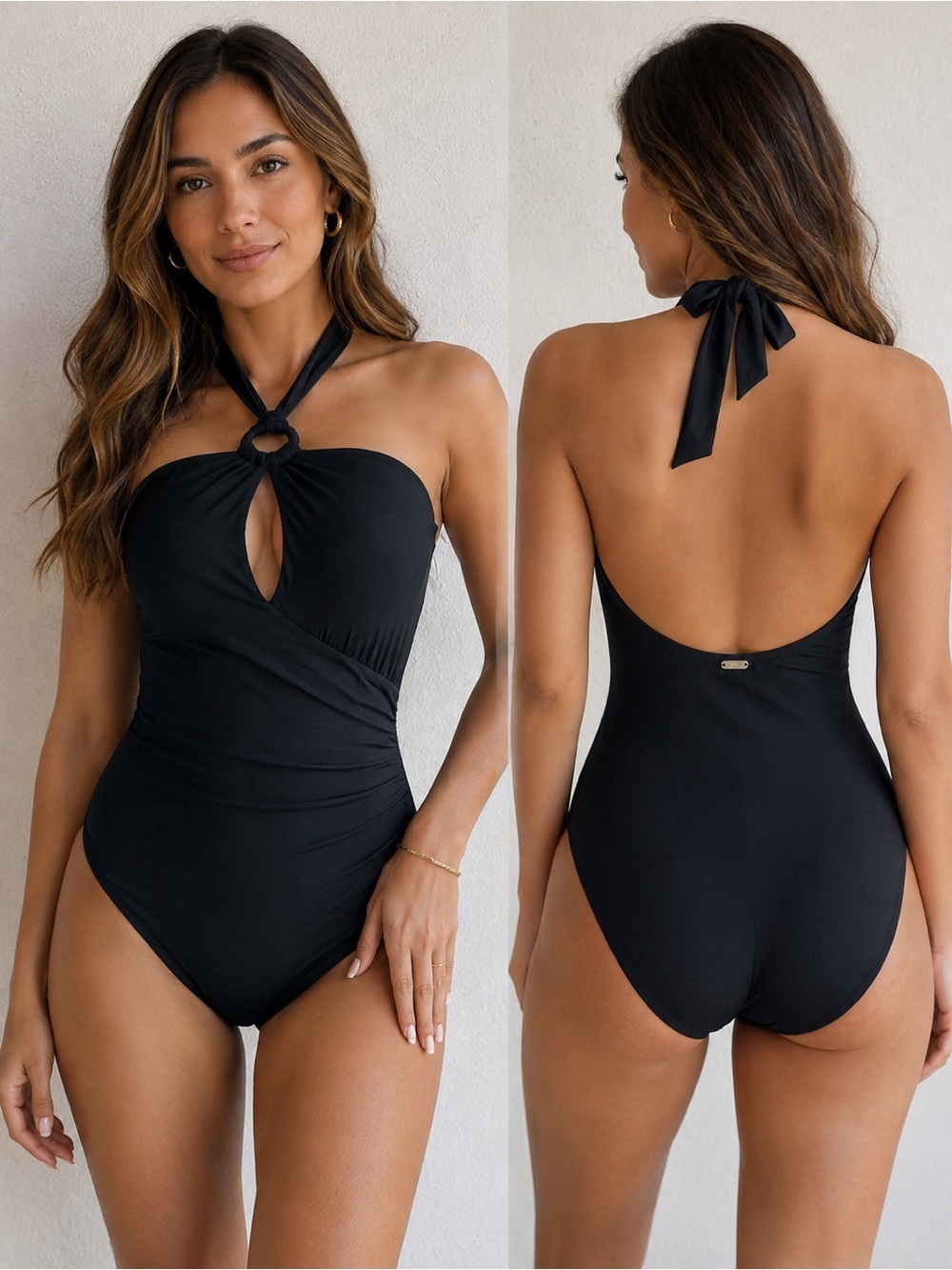 Ralph Lauren Black Halter-Style One-Piece Swimsuit with Ring Accent